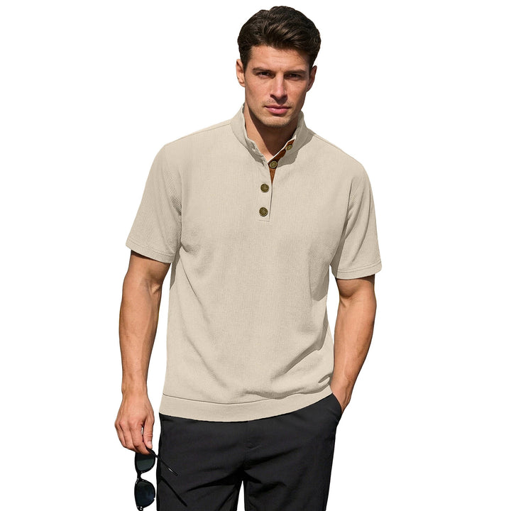 Men's Waffle Structure Short Sleeve Henley with Stand-Up Collar and Decorative Button Placket Mune Fashion