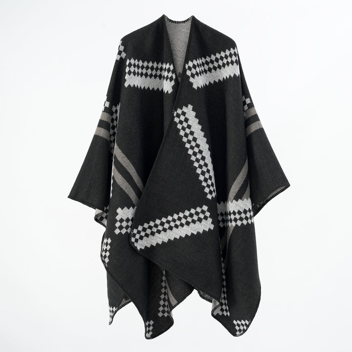 Women's Oversized Poncho Cape made of Wool Blend with Geometric Jacquard and Decorative Stitching Mune Fashion