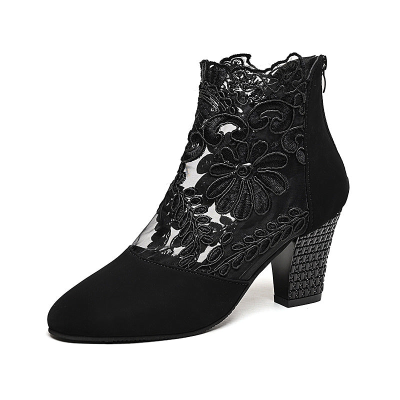 Women's elegant lace ankle boots with floral mesh insert, zipper, and decorative block heel Mune Fashion
