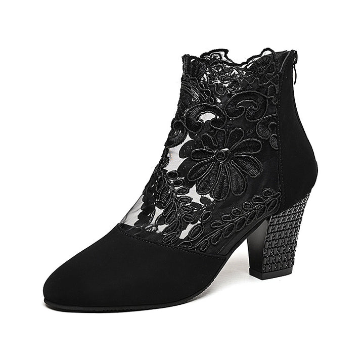 Women's elegant lace ankle boots with floral mesh insert, zipper, and decorative block heel Mune Fashion
