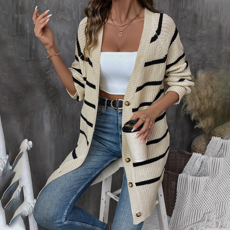 Women Long Oversize Cardigan with Ribbed Texture, Horizontal Stripes and Decorative Button Placket Mune Fashion