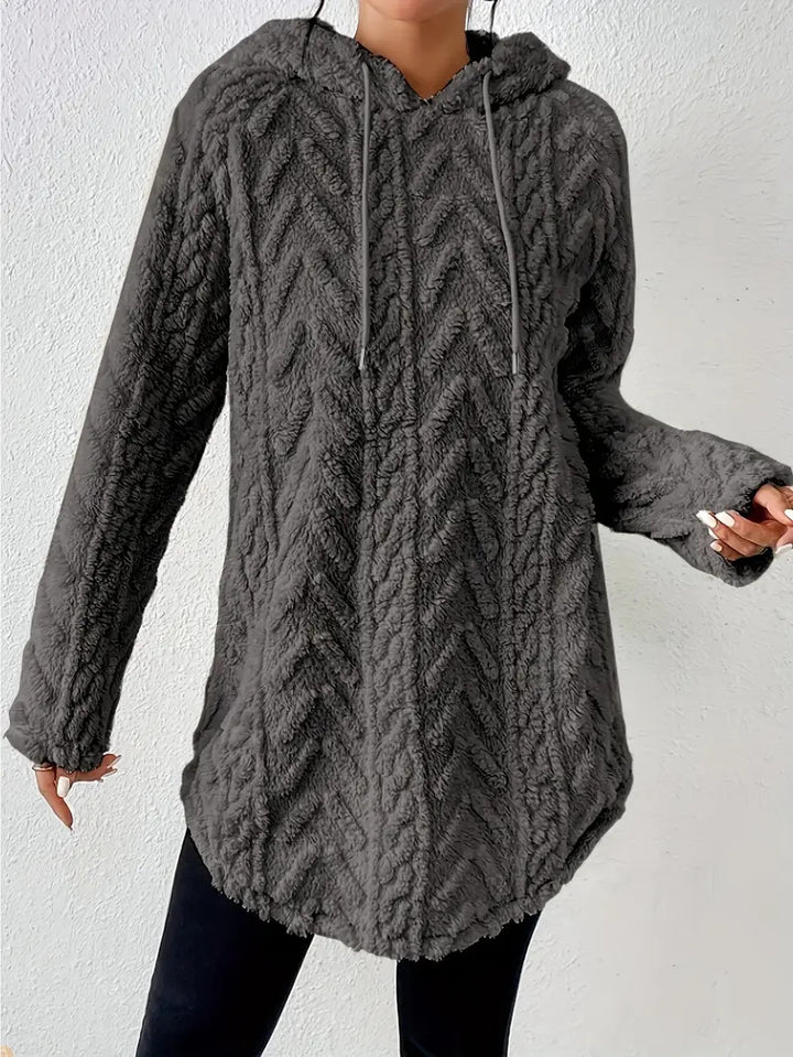 Women's cozy hooded jacket made of teddy fleece with cable pattern and gathered hem Mune Fashion