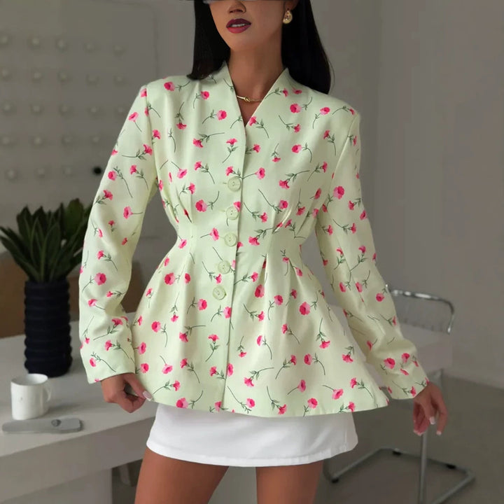 Women's fitted blazer with peplum, decorative buttons and floral pattern Mune Fashion