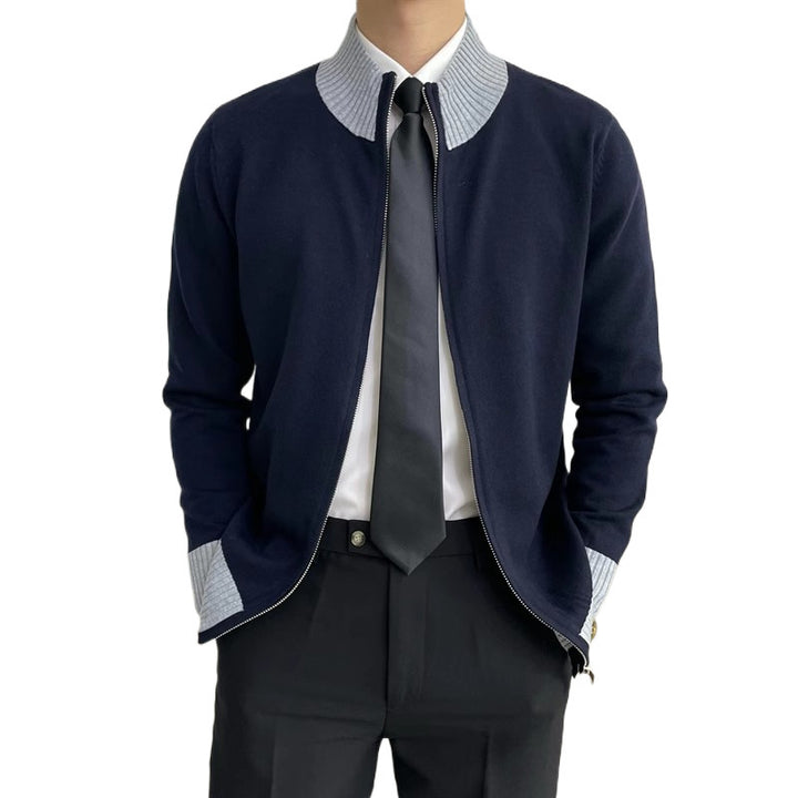 Men's zip fine knit cardigan with standing collar and ribbed hem Mune Fashion