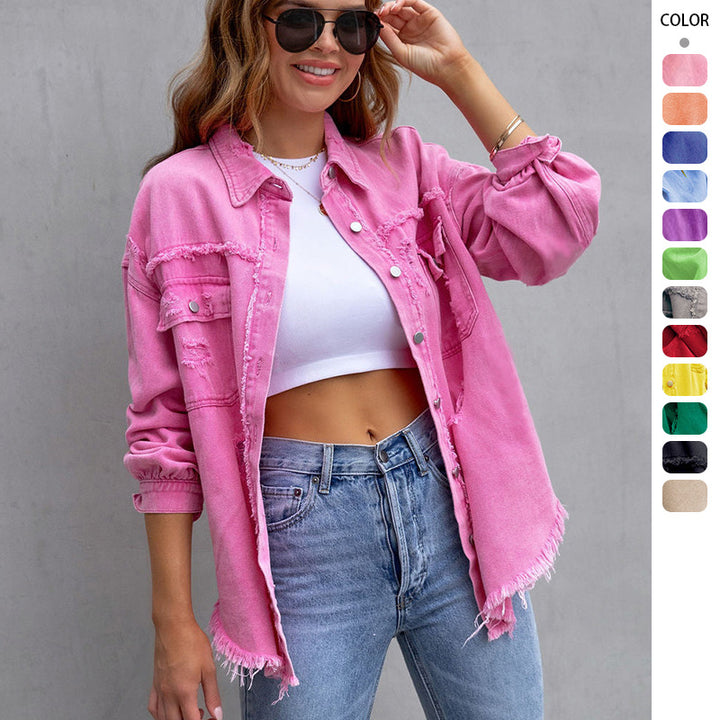 Women's oversized utility denim shirt jacket with fringe trim and patch pockets Mune Fashion