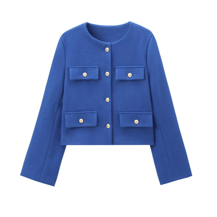 Women's short-cut Bouclé tweed jacket with round neckline decorative button details and attached flap pockets Mune Fashion