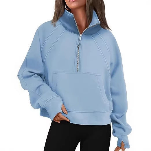 Ladies oversized short pullover with stand-up collar, half zipper and kangaroo pocket Mune Fashion