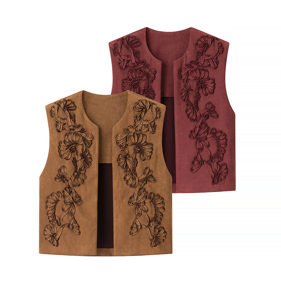 Ladies Embroidered Suede-Look Vest with Three-Dimensional Flower Appliqué Mune Fashion