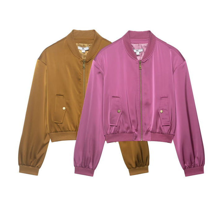Women's Short Cut Satin Bomber Jacket with Ribbed Cuffs and Snap Button Pockets Mune Fashion