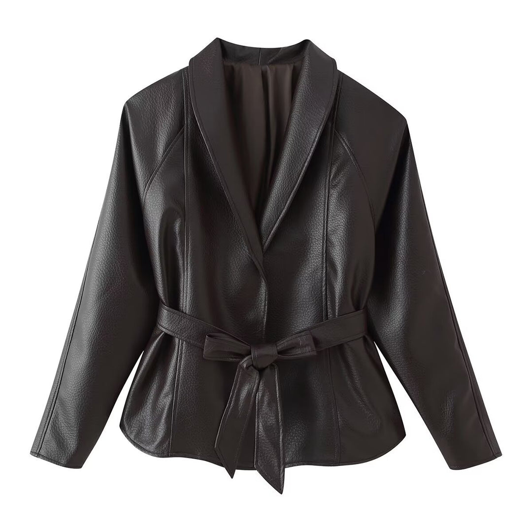 Women's Tailored Tie-Belt Leather Blazer with Shawl Collar Mune Fashion