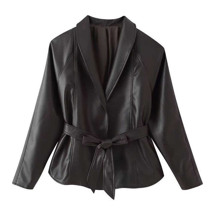 Women's Tailored Tie-Belt Leather Blazer with Shawl Collar Mune Fashion