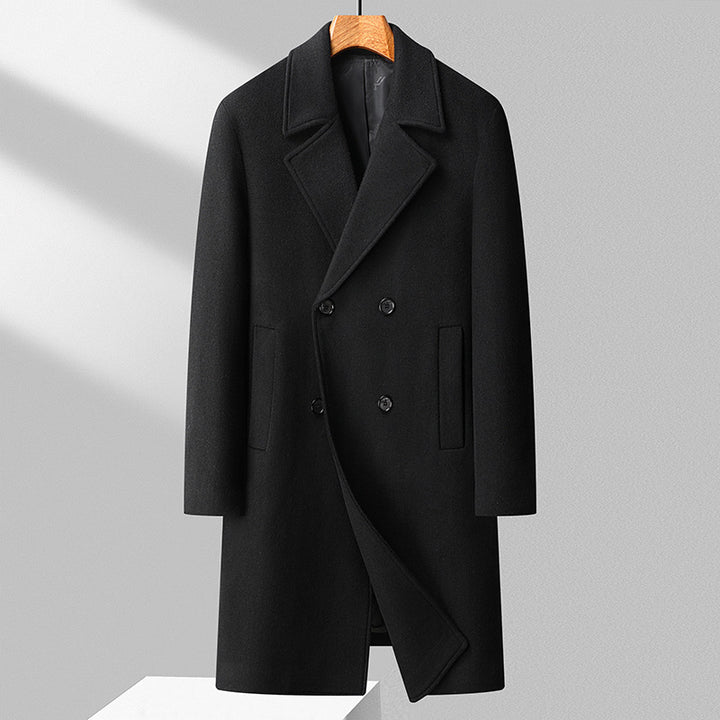 Men's Elegant Long Double-Breasted Wool Blend Overcoat with Notched Lapel Mune Fashion