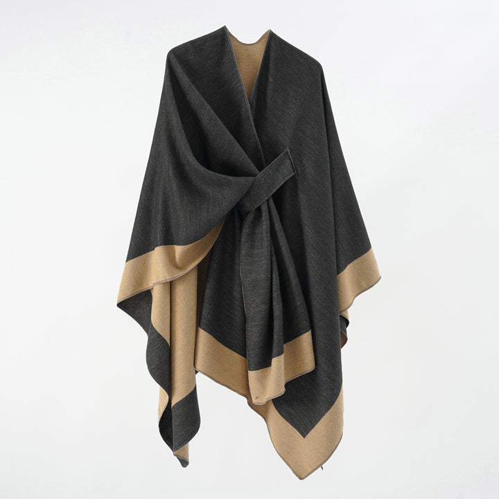 Women's loosely cut cape made of wool blend with tie belt and contrasting edges Mune Fashion