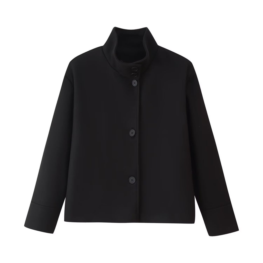 Women Short Boxy Jacket with Stand-Up Collar and Full Button Placket Mune Fashion