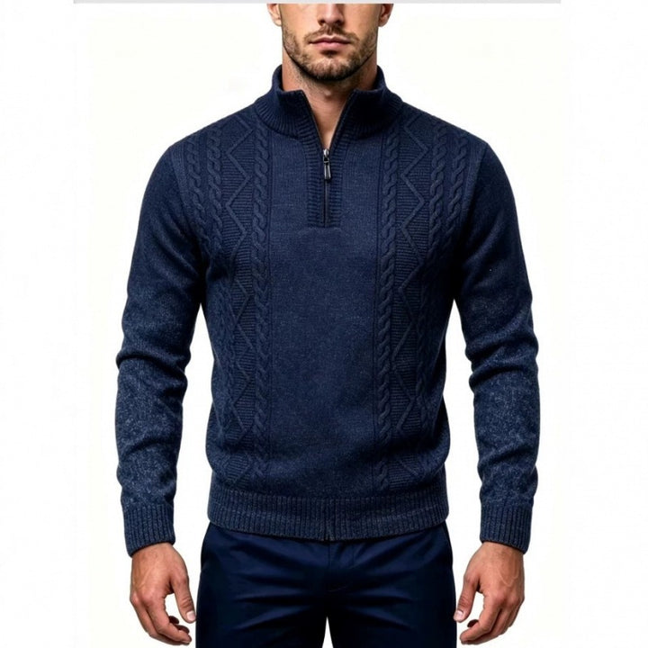 Men's Structured Half-Zip Pullover with Stand-Up Collar and Cable Knit Details Mune Fashion
