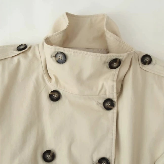 Women's Cropped Double-Breasted Trench Jacket with Stand Collar, Epaulettes, and Elastic Hem Mune Fashion