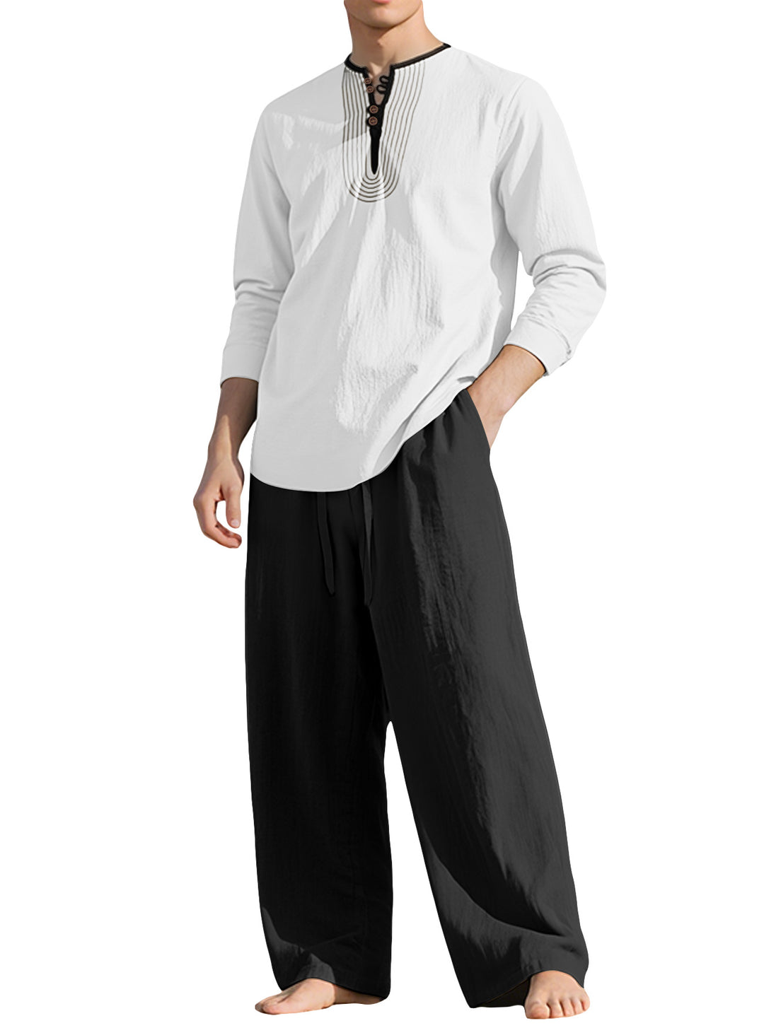 Men's tunic and Palazzo pants set with Henley placket, decorative embroidery and wide cut Mune Fashion