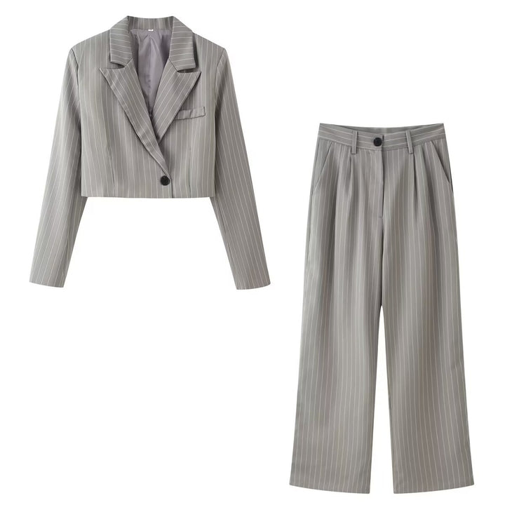 Women's Two-Piece Pinstripe Short Blazer with High-Cut Wide Pants Mune Fashion