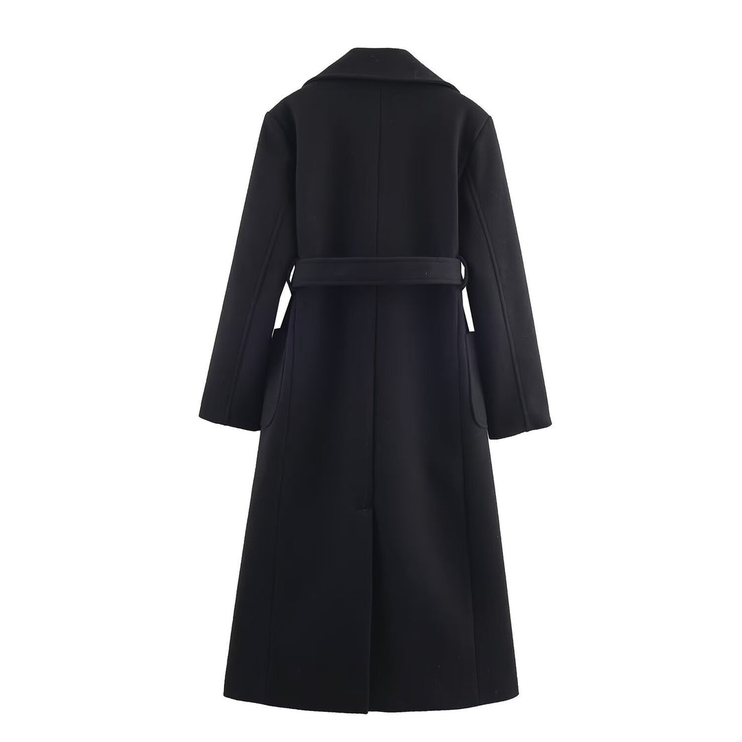 Women Longline Coat with Wide Lapel and Tied Belt Mune Fashion