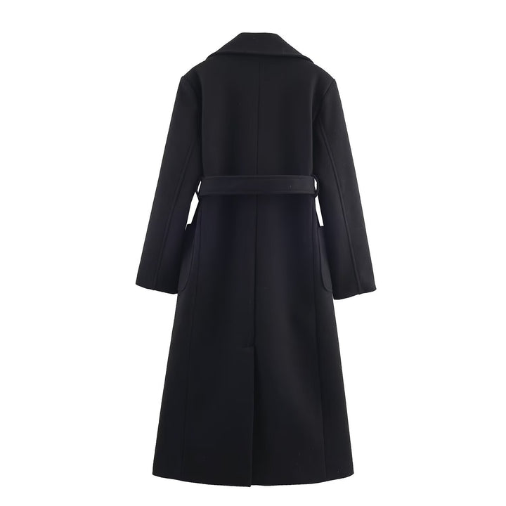 Women Longline Coat with Wide Lapel and Tied Belt Mune Fashion