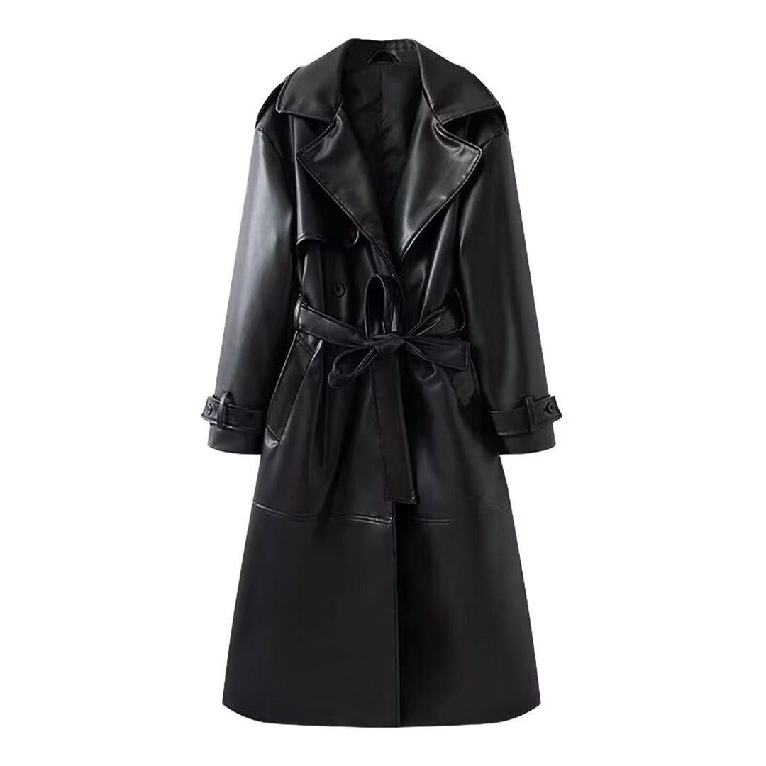 Women 40+ longer trench coat made of synthetic leather with belted waist and double-breasted button placket Mune Fashion