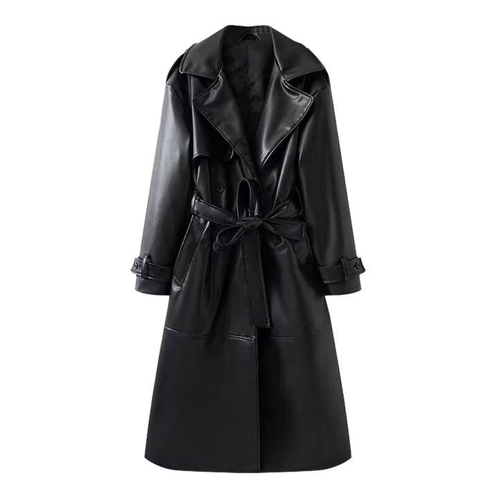 Women 40+ longer trench coat made of synthetic leather with belted waist and double-breasted button placket Mune Fashion
