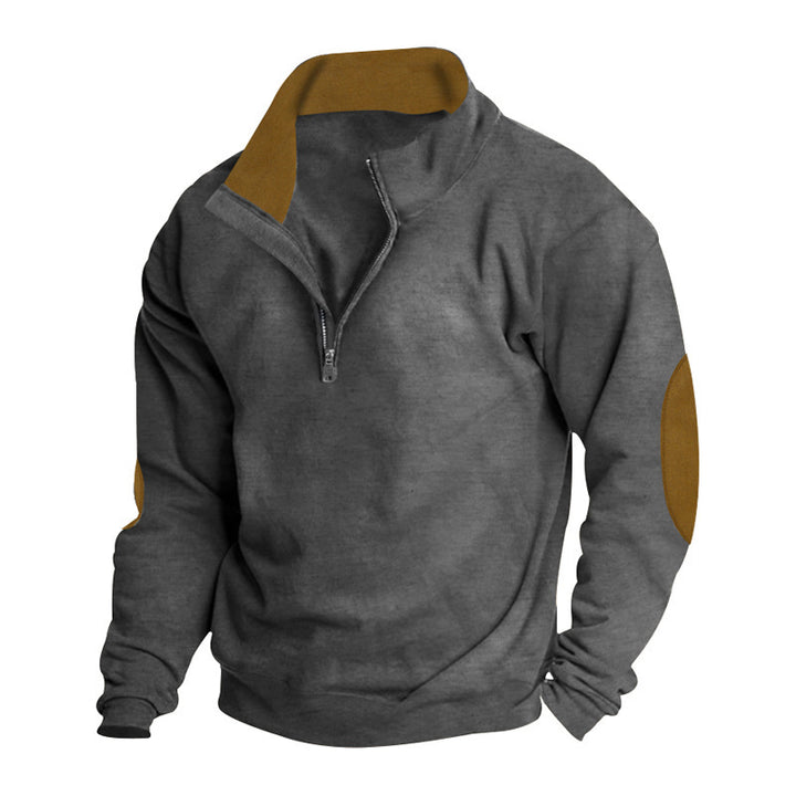 Men's short zip stand collar sweater with contrast collar and suede elbow patches Mune Fashion