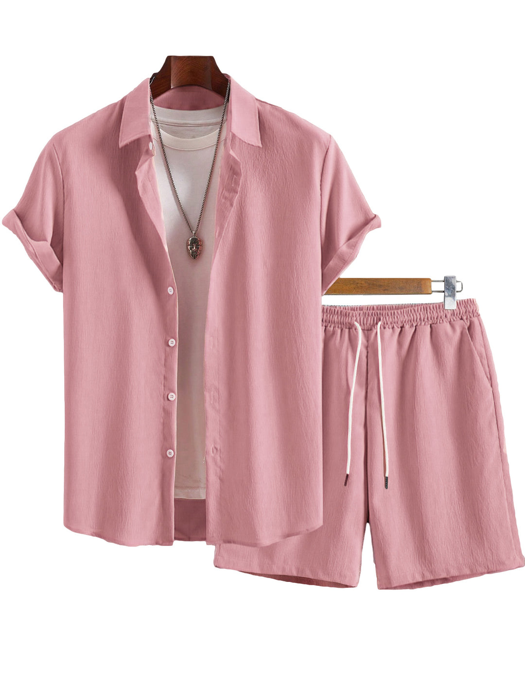 Men's Crinkle Lounge Set with Open Lapel Shirt, Integrated Short Sleeve T-Shirt, and Drawstring Bermuda Mune Fashion