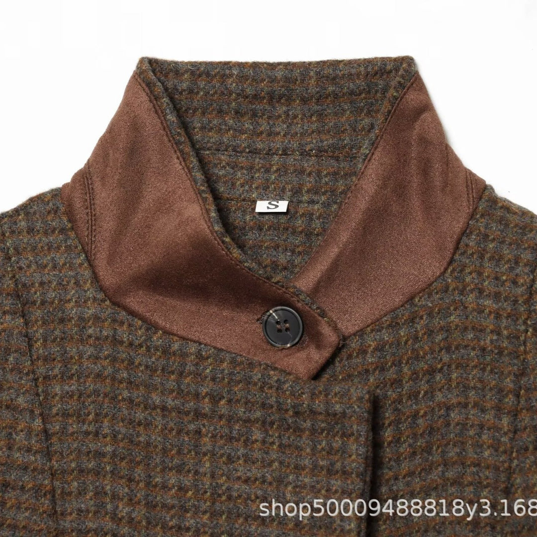 Women Short Tweed Blazer with Standing Collar, Button Placket and Flap Pockets Mune Fashion