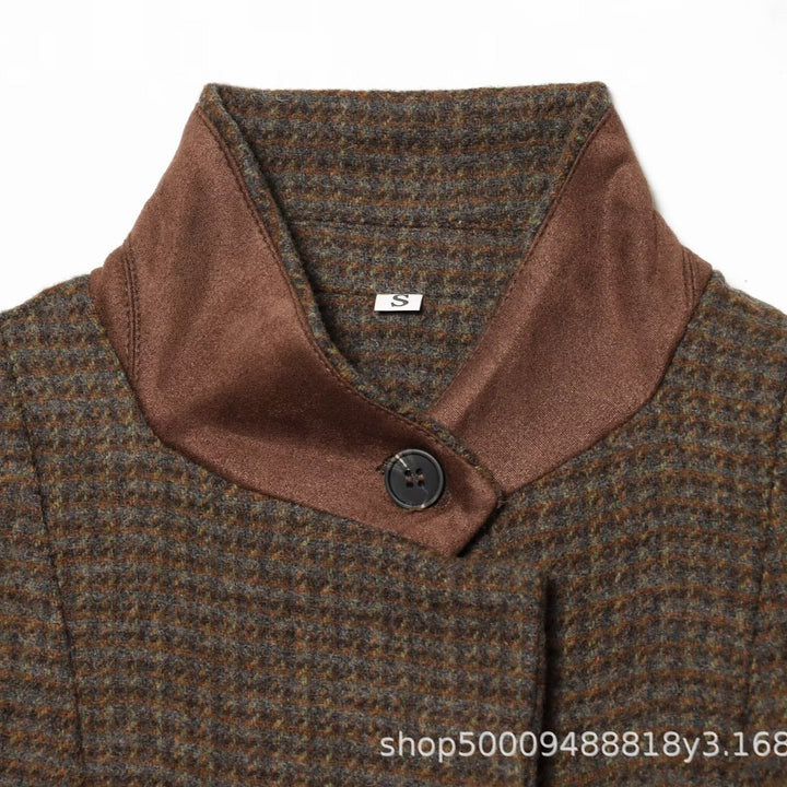 Women Short Tweed Blazer with Standing Collar, Button Placket and Flap Pockets Mune Fashion