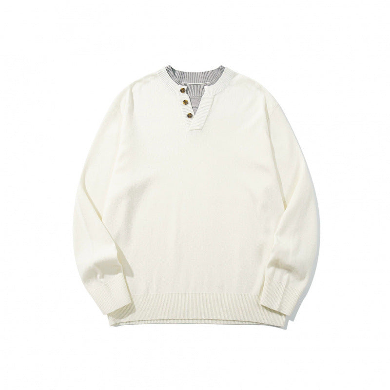 Unisex knit sweater with Henley button placket, contrast collar and boxy cut Mune Fashion