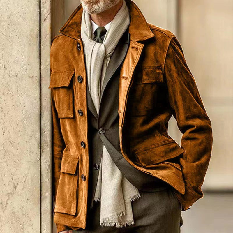 Men's Tailored Field Jacket with Tie Belt, Flap Pockets and Kent Collar Mune Fashion