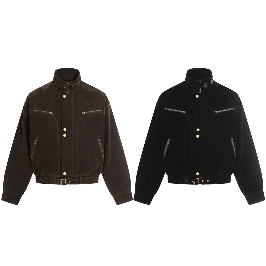 Men's suede aviator-style blouson with stand collar, waist belt, and zip pockets Mune Fashion