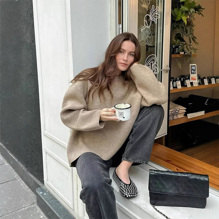 Women Oversized Fine Knit Sweater with Round Neck and Balloon Sleeves Mune Fashion