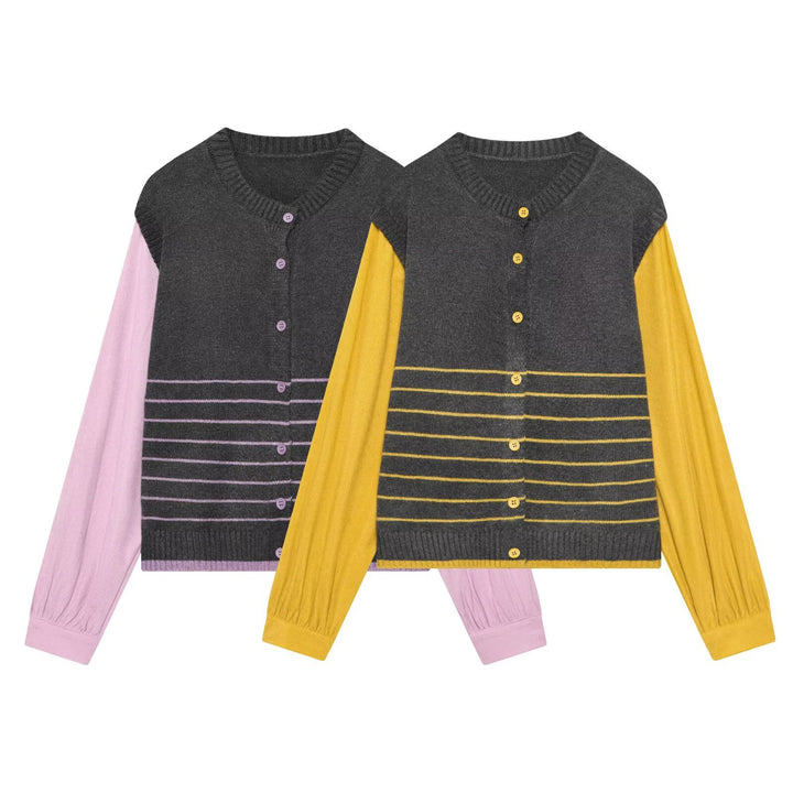 Ladies Layered Look Knit Cardigan with Striped Vest Insert and Volume Sleeves Mune Fashion