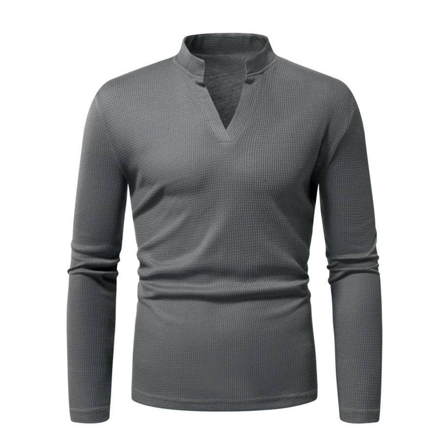 Men's Thermal Waffle Knit Shirt with Stand Collar and V-Neck Mune Fashion