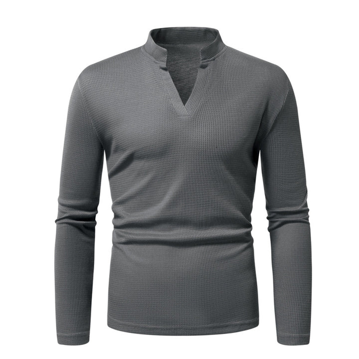 Men's Thermal Waffle Knit Shirt with Stand Collar and V-Neck Mune Fashion