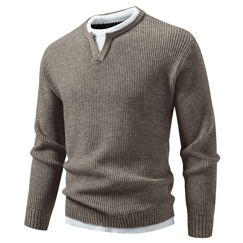 Men's Ribbed Knit Sweater with V-Notch and Layered Look Mune Fashion