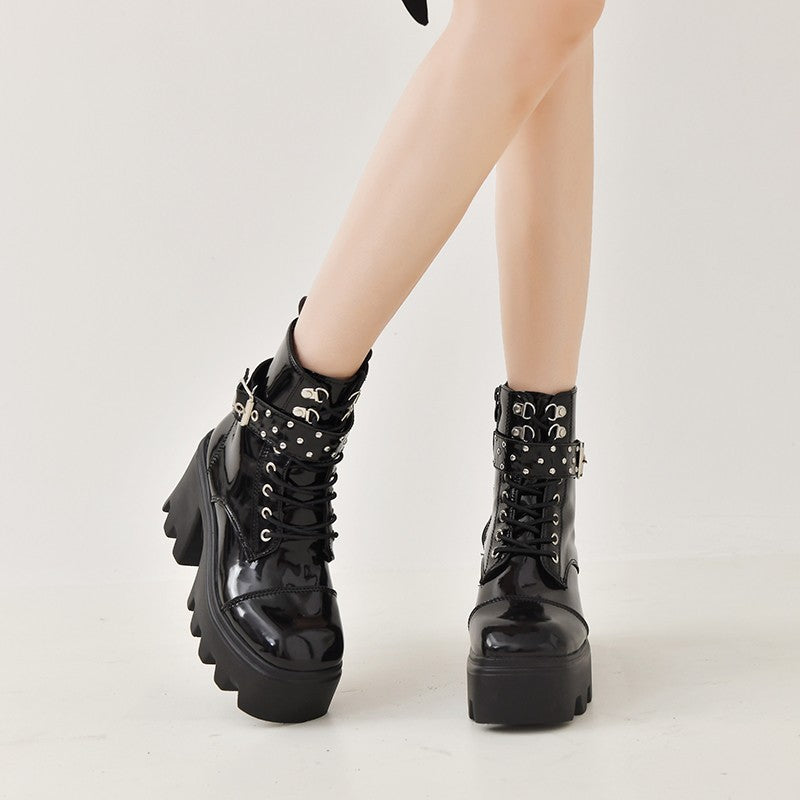 Women’s Platform Combat Boots with Studs and Buckle Straps, High-Cut Lacing and Contoured Wave Sole Mune Fashion
