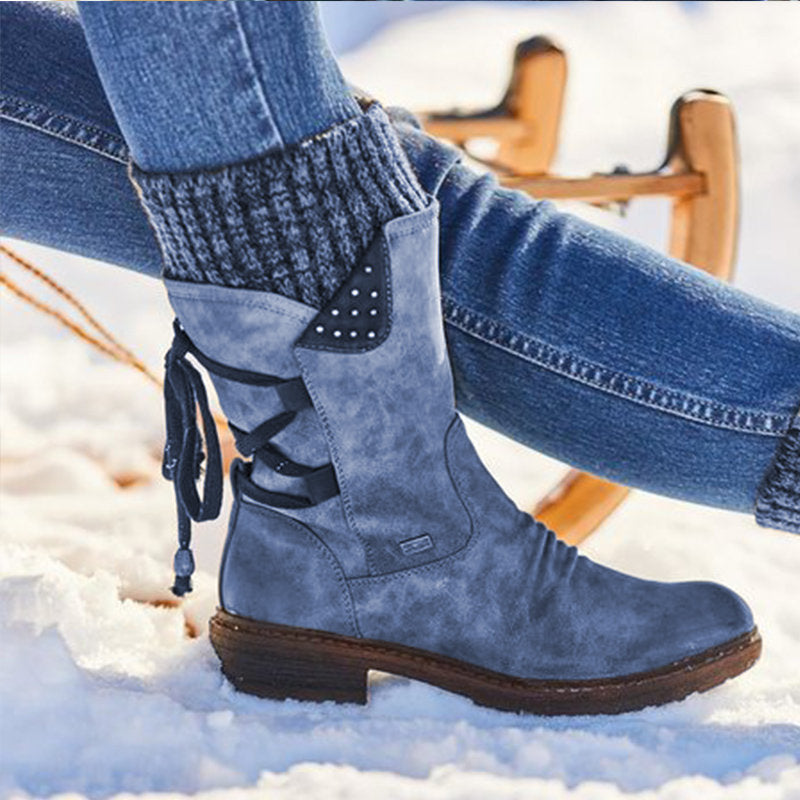 Women's Winter Short Shaft Ankle Boot with Knit Cuff, Decorative Cord and Suede Look Mune Fashion