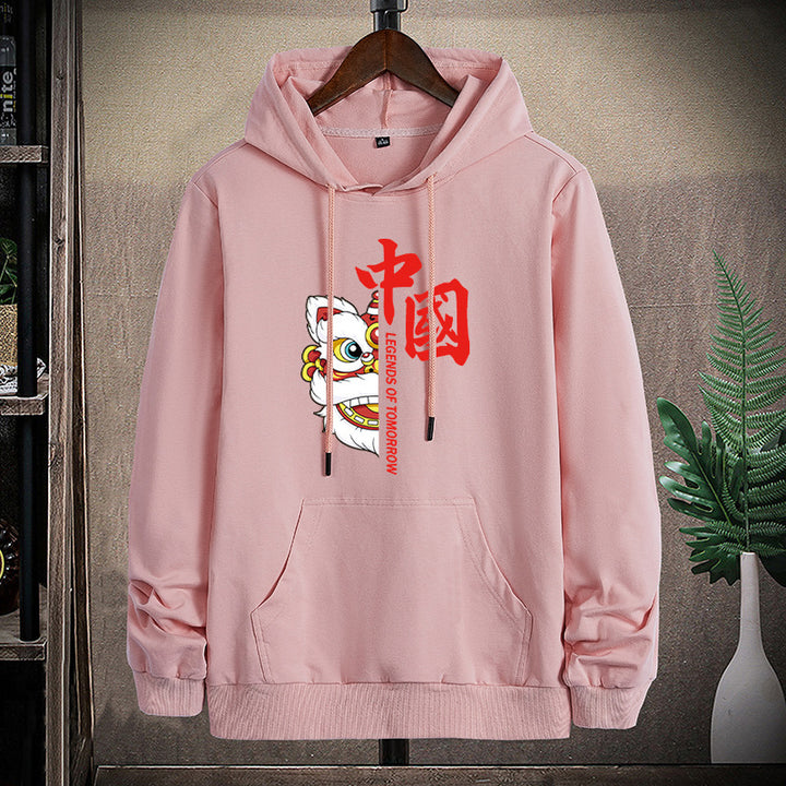 Unisex hoodie with Asian lion motif and kangaroo pocket Mune Fashion
