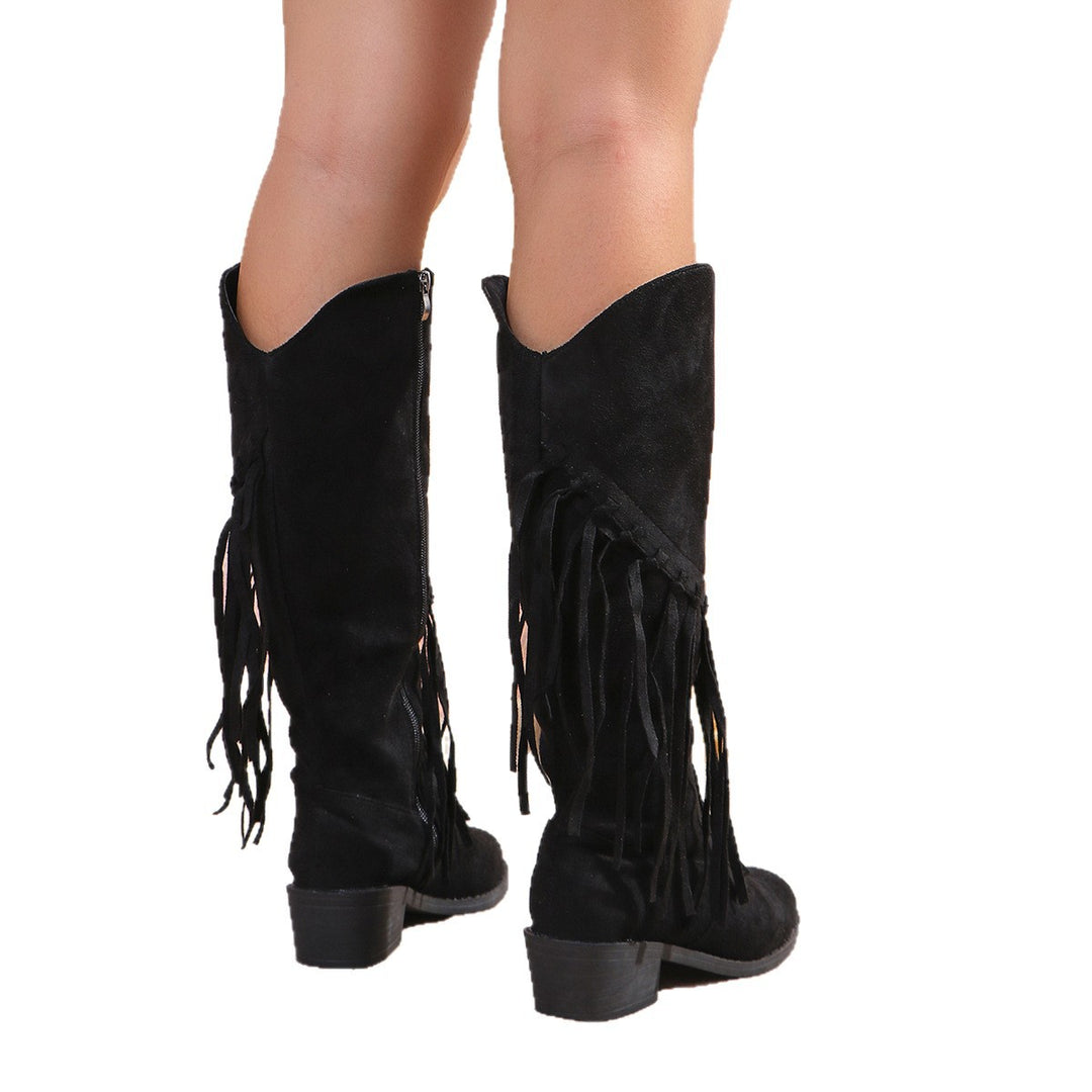 Ladies Western Knee Boots with Fringe, Suede Look and Medium Height Block Heel Mune Fashion