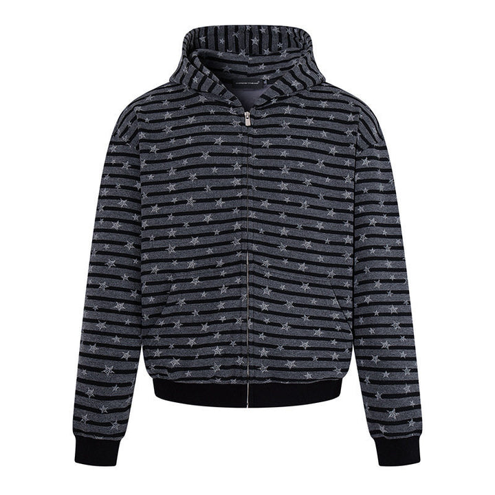 Women Casual Hooded Zip Jacket in Striped Jacquard with Star Structure Mune Fashion