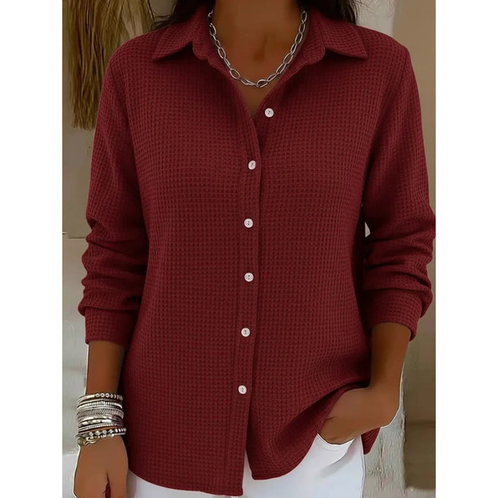 Women's Structured Shirt Blouse in Waffle Knit with Classic Collar and Continuous Button Placket Mune Fashion