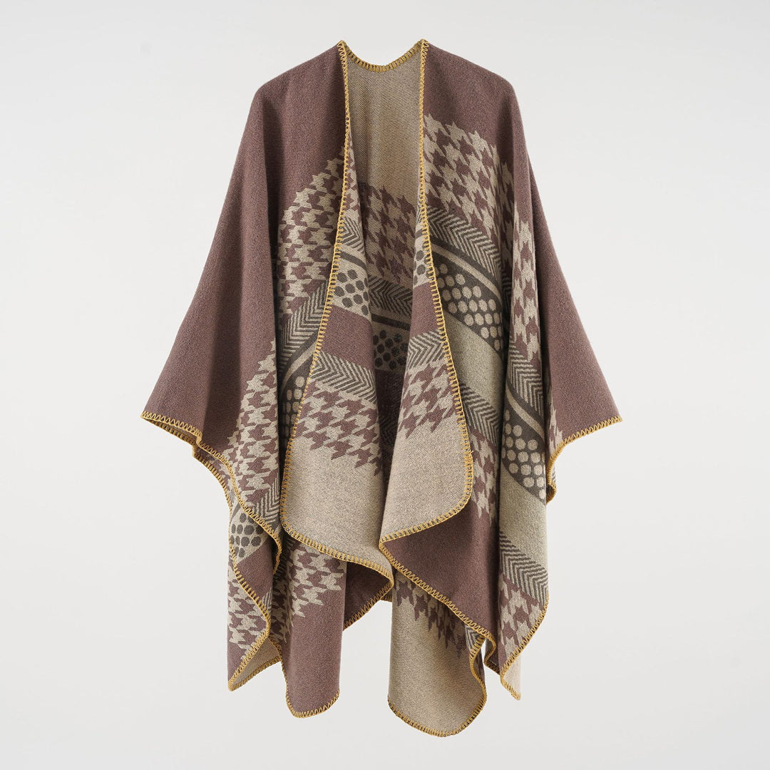 Women's Cozy Oversized Cape Poncho made of Wool Blend with Houndstooth and Graphic Jacquard