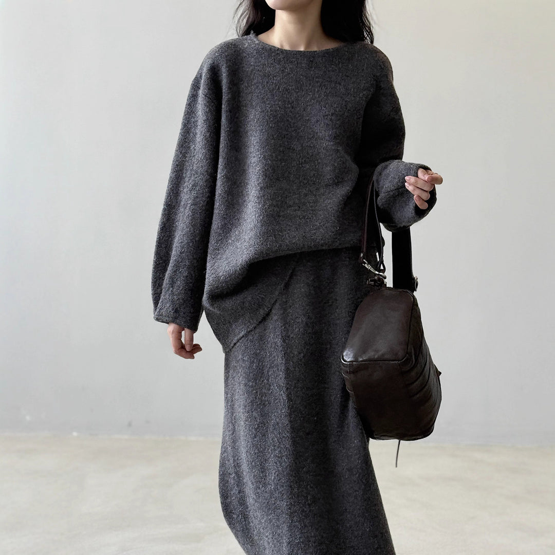 Women Cozy Knit Set Oversized Sweater with Wide Round Neckline and Midi Skirt Mune Fashion