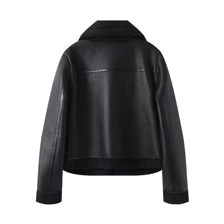 Women's fitted biker jacket in lambskin look with asymmetrical zipper Mune Fashion