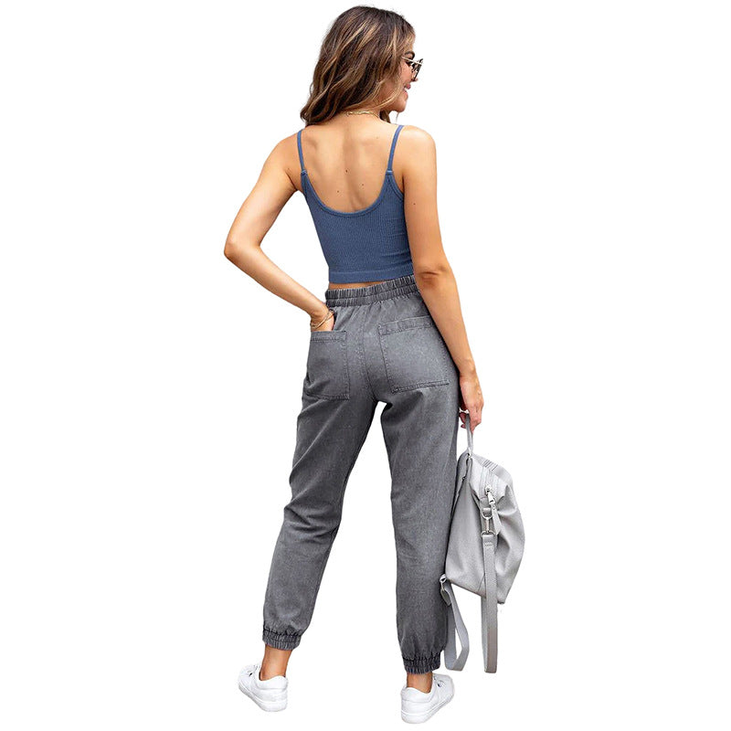 Women's denim jogger pants with cargo pockets and elastic drawstring waistband Mune Fashion