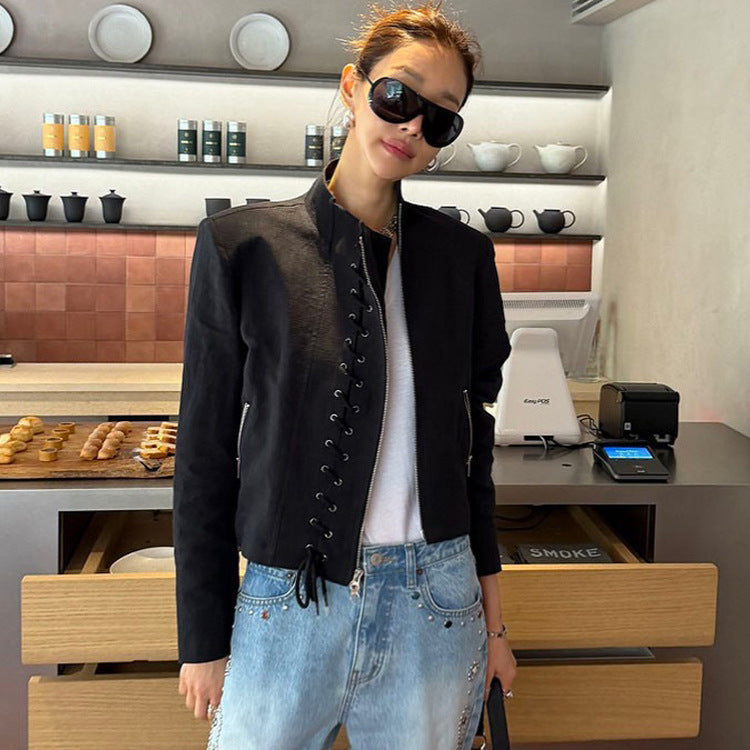 Women's Short Cut Lace-Up Biker Jacket with Asymmetrical Zipper Mune Fashion