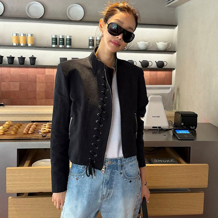 Women's Short Cut Lace-Up Biker Jacket with Asymmetrical Zipper Mune Fashion